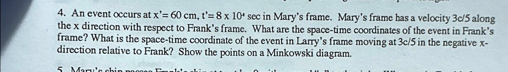 4. An event occurs at x'= 60 cm, t'= 8 x 10<sup>-4</sup> sec in Mary's frame. Mary's frame has a velocity 3c/5 along the x direction with respect to Frank's frame. What are the space-time coordinates of the event in Frank's frame? What is the space-time coordinate of the event in Larry's frame moving at 3c/5 in the negative x- direction relative to Frank? Show the points on a Minkowski diagram.