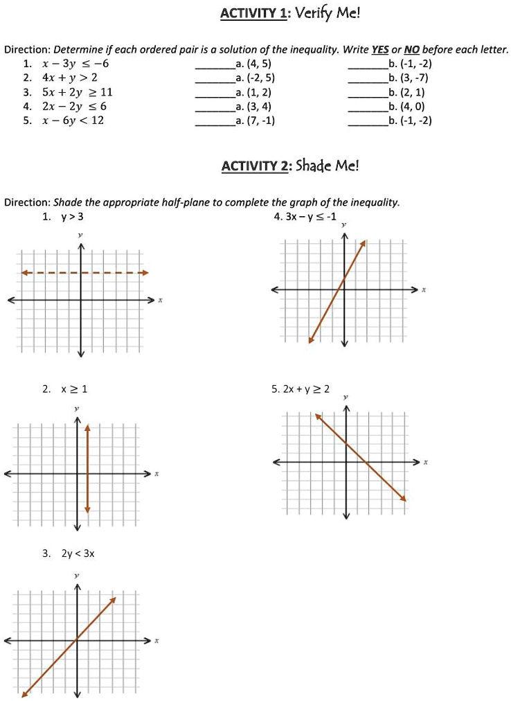 ACTIVITY 1: Verify Me!
Direction: Determine if each ordered pair is a solution of the inequality. Write YES or NO before each letter.
1. x - 3y ? -6
a. (4, 5)
b. (-1, -2)
2. 4x + y > 2
a. (-2, 5)
b. (3, -7)
3. 5x + 2y ? 11
a. (1, 2)
b. (2, 1)
4. 2x - 2y ? 6
a. (3, 4)
b. (4, 0)
5. x - 6y < 12
a. (7, -1)
b. (-1, -2)

ACTIVITY 2: Shade Me!
Direction: Shade the appropriate half-plane to complete the graph of the inequality.
1. y > 3
2. x ? 1
3. 2y < 3x
4. 3x - y ? -1
5. 2x + y ? 2