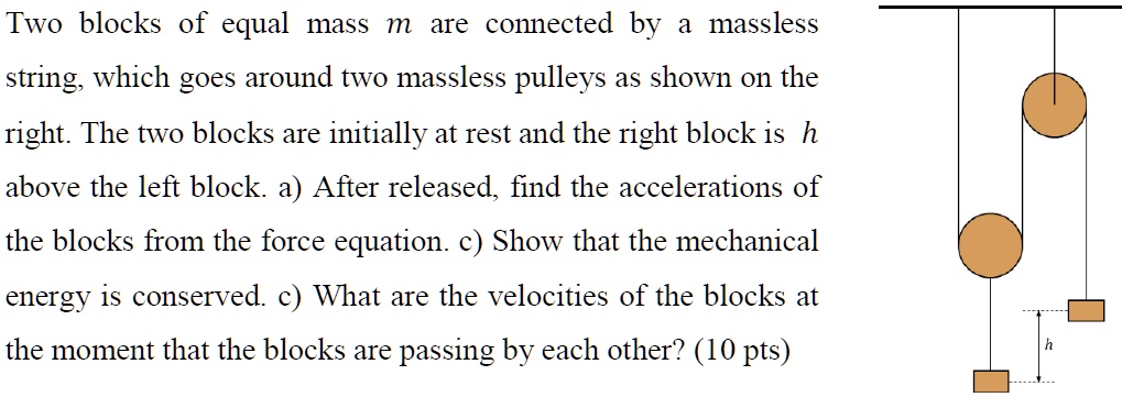 Two blocks of equal mass m are connected by a massless string, which ...