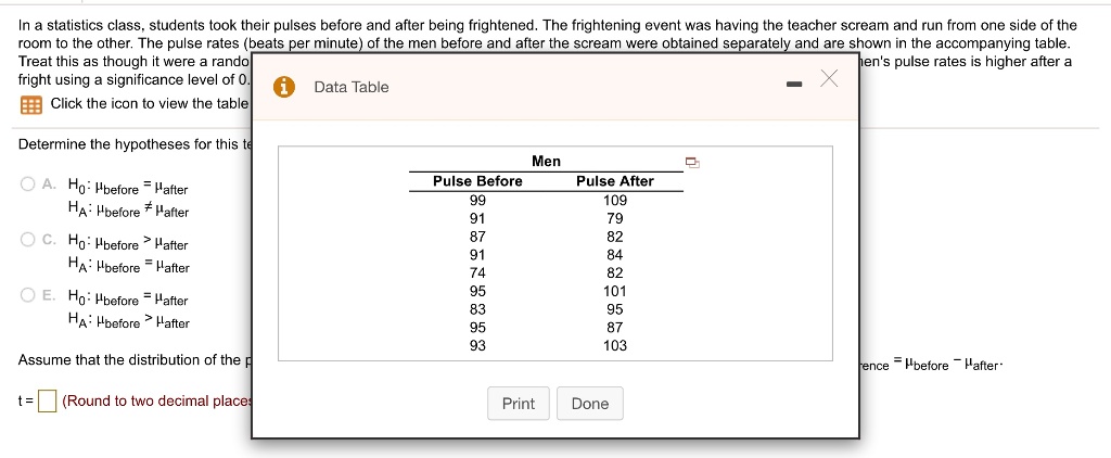 SOLVED: statistics class students took their pulses before and after ...