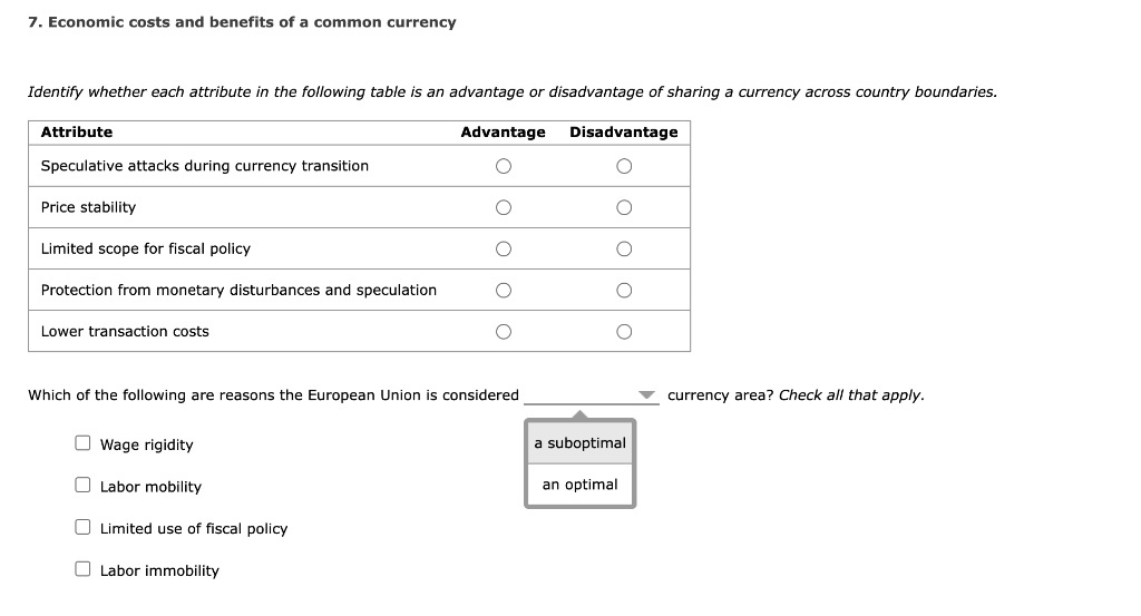 SOLVED 7.Economic costs and benefits of a common currency Identify
