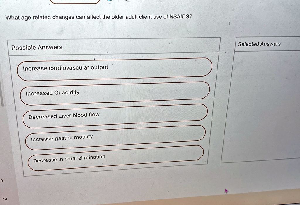 what age related changes can affect the older adult client use of nsaids possible answers increase cardiovascular output increased gi acidity decreased liver blood flow increase gastric moti 93985