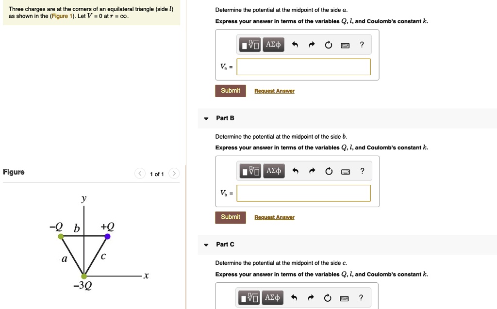 SOLVED: Three charges are placed at the corners of an equilateral ...