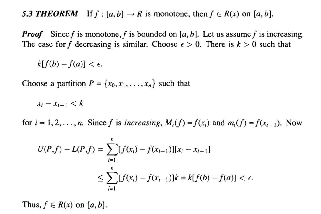 5.3 THEOREM: If F : [a,b] â†’ R Is Monotone, Then F âˆˆ R(x) On [a,b ...