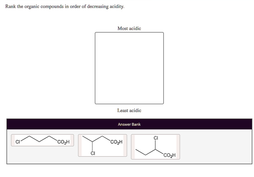 SOLVED Rank the organic compounds in order of decreasing acidity Most acidic Least acidic