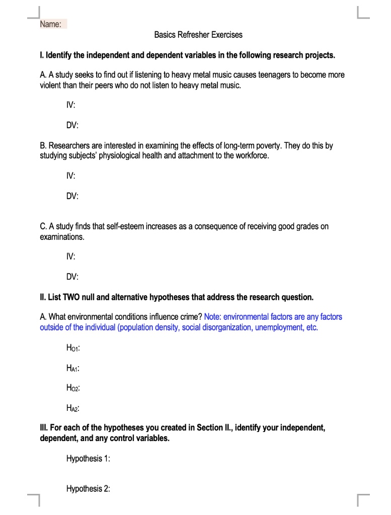 name basics refresher exercises identify the independent and dependent