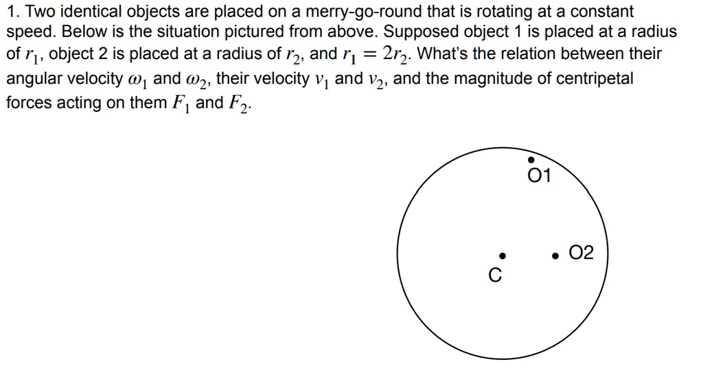 1 two identical objects are placed on a merry go round that is rotating at a constant speed below is the situation pictured from above supposed object is placed at a radius of r1 object 2 is 27882