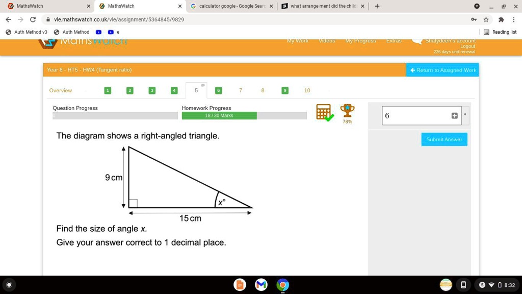 The diagram shows a picture of a right-angled triangle. Find the size ...
