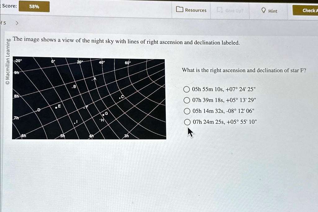 The image shows a view of the night sky with lines of right ascension ...