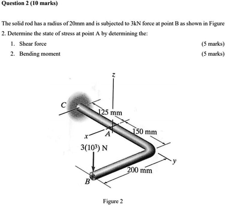 The solid rod has a radius of 20mm and is subjected to 3kN force at point B as shown in Figure 2. Determine the state of stress at point A by determining the:
1. Shear force (5 marks)
2. Bending moment (5 marks)
z
C
125 mm
A
150 mm
x
3(10^3) N
y
200 mm
B
Figure 2