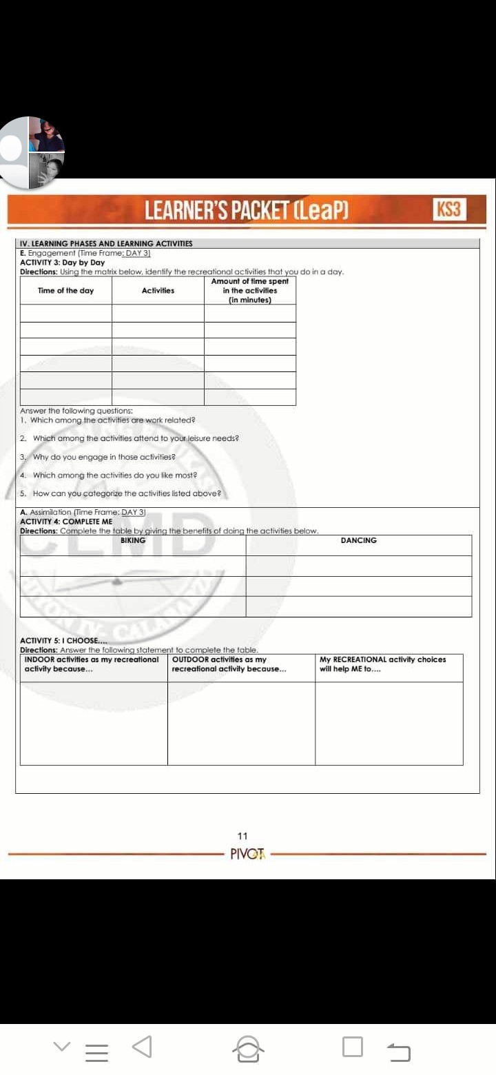SOLVED: LEARNER'S PACKET [LeaP] KS3 ACIIVITY 5: I CHOOSE.... INDOORs ...