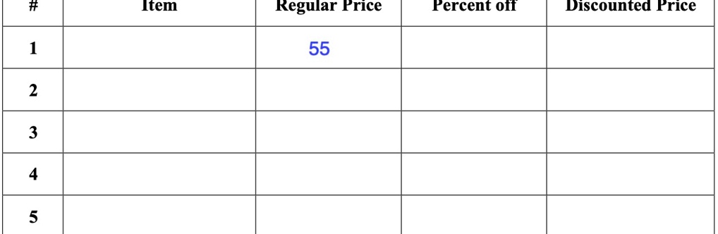 SOLVED: From True Way ASL 10.5 Part 2 Videos. Sale Galore Item Regular  price Percent Off Discounted Price 5 2 3 4 5