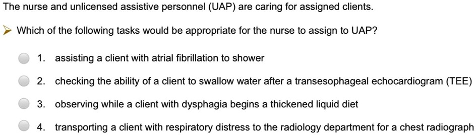 The nurse and unlicensed assistive personnel (UAP) are caring for ...