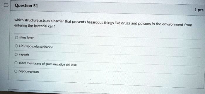 which structure acts as a barrier that prevents hazardous things like drugs and poisons in the environment from entering the bacterial cell?

slime layer
LPS/ lipo-polyscahharide
capsule
outer membrane of gram negative cell wall
peptido-glycan