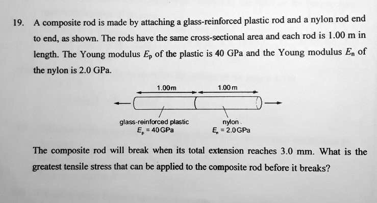 19. A composite rod is made by attaching a glass-reinforced plastic rod and a nylon rod end to end, as shown. The rods have the same cross-sectional area and each rod is 1.00 m in length. The Young modulus Ep of the plastic is 40 GPa and the Young modulus En of the nylon is 2.0 GPa.

1.00m 1.00 m
glass-reinforced plastic nylon
Ep = 40 GPa En = 2.0 GPa

The composite rod will break when its total extension reaches 3.0 mm. What is the greatest tensile stress that can be applied to the composite rod before it breaks?