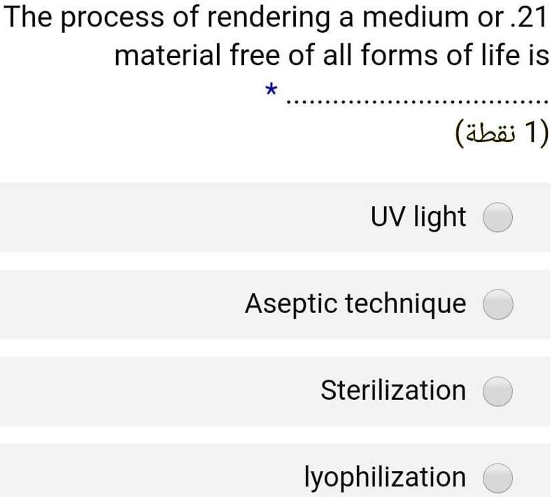 21. The process of rendering a medium or material free of all forms of life is
UV light
Aseptic technique
Sterilization
lyophilization