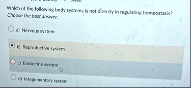 which of the following body systems is not directly in regulating homeostasis choose the best answer a nervous system b reproductive system c endocrine system d integumentary system 32355