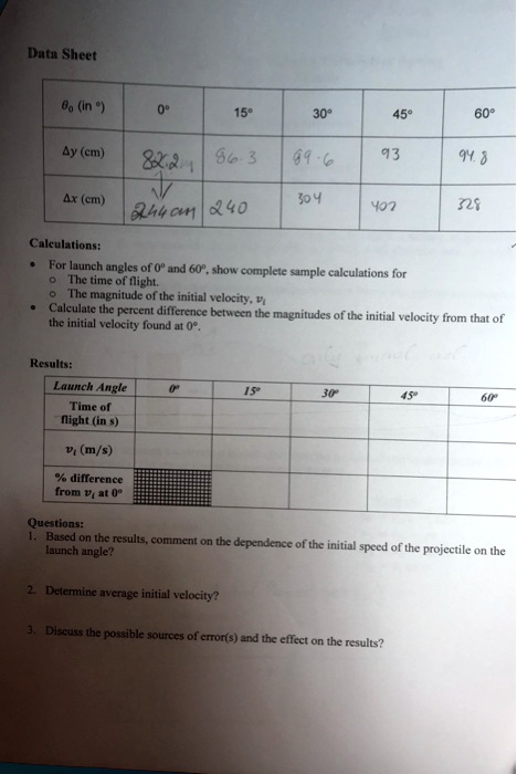 Data Sheet
?? (in °) | 0° | 15° | 30° | 45° | 60°
?y (cm) | 82.2 | 86.3 | 89.6 | 93 | 94.8
?x (cm) | 244 cm | 240 | 304 | 402 | 328

Calculations:
• For launch angles of 0° and 60°, show complete sample calculations for
  ? The time of flight.
  ? The magnitude of the initial velocity, v?
• Calculate the percent difference between the magnitudes of the initial velocity from that of the initial velocity found at 0°.

Results:
Launch Angle | 0° | 15° | 30° | 45° | 60°
Time of flight (in s) | | | | | 
v? (m/s) | | | | | 
% difference from v? at 0° | | | | | 

Questions:
1. Based on the results, comment on the dependence of the initial speed of the projectile on the launch angle?
2. Determine average initial velocity?
3. Discuss the possible sources of error(s) and the effect on the results?