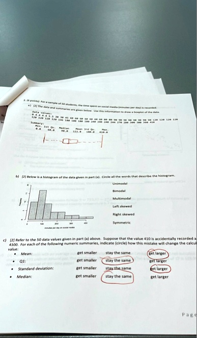 b beta walues summory mise b 2 alelow is a hintogram of the data given in part a cocile all the words that describe the histogram unimodal rimodal multimedal teth sturwed night skewed symmet 94197