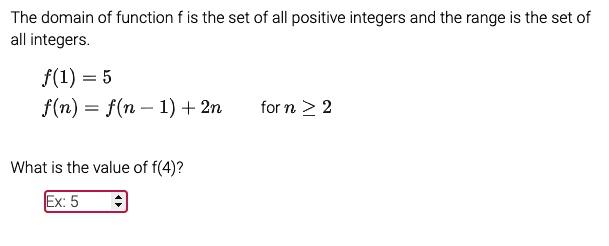 The domain of function f is the set of all positive integers and the range is the set of all integers.
f(1) = 5
f(n) = f(n - 1) + 2n for n ? 2
What is the value of f(4)?