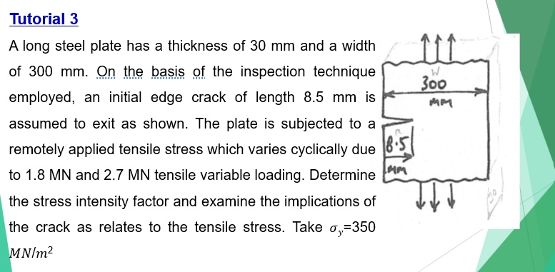 Tutorial 3
A long steel plate has a thickness of 30 mm and a width
of 300 mm. On the basis of the inspection technique
employed, an initial edge crack of length 8.5 mm is
assumed to exist as shown. The plate is subjected to a
remotely applied tensile stress which varies cyclically due
to 1.8 MN and 2.7 MN tensile variable loading. Determine
the stress intensity factor and examine the implications of
the crack as relates to the tensile stress. Take sigmay=350
MN/m^2