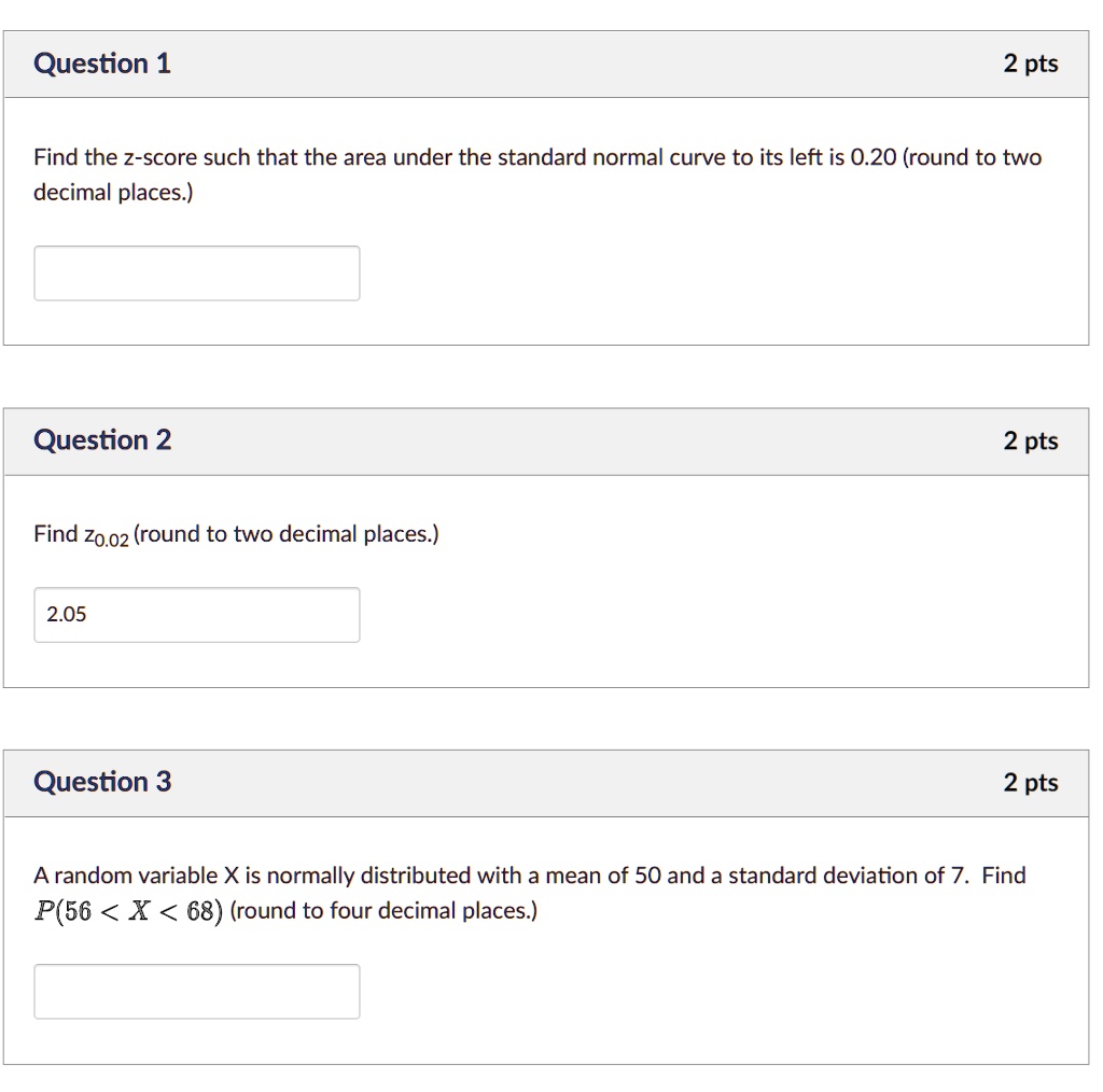 SOLVED: Question 1 2 pts Find the z-score such that the area under the ...
