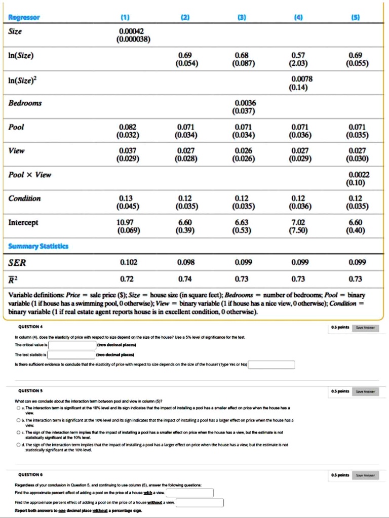 regressor 1 2 3 4 5 size 000042 0000038 lnsize lnsize2 bedrooms 069 0054 pool 0082 0032 view 0037 0029 pool x view condition 013 0045 intercept 1097 0069 summary statistics ser 0102 r2 072 0 12066
