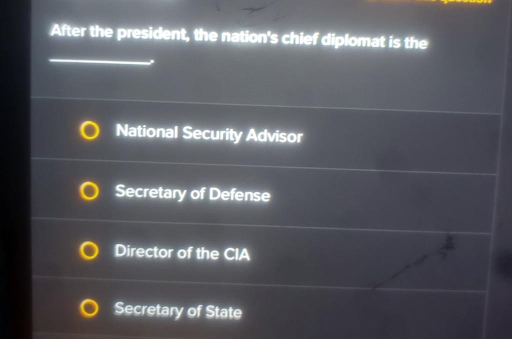 After the president, the nation's chief diplomat is the
National Security Advisor
Secretary of Defense
Director of the CIA
Secretary of State