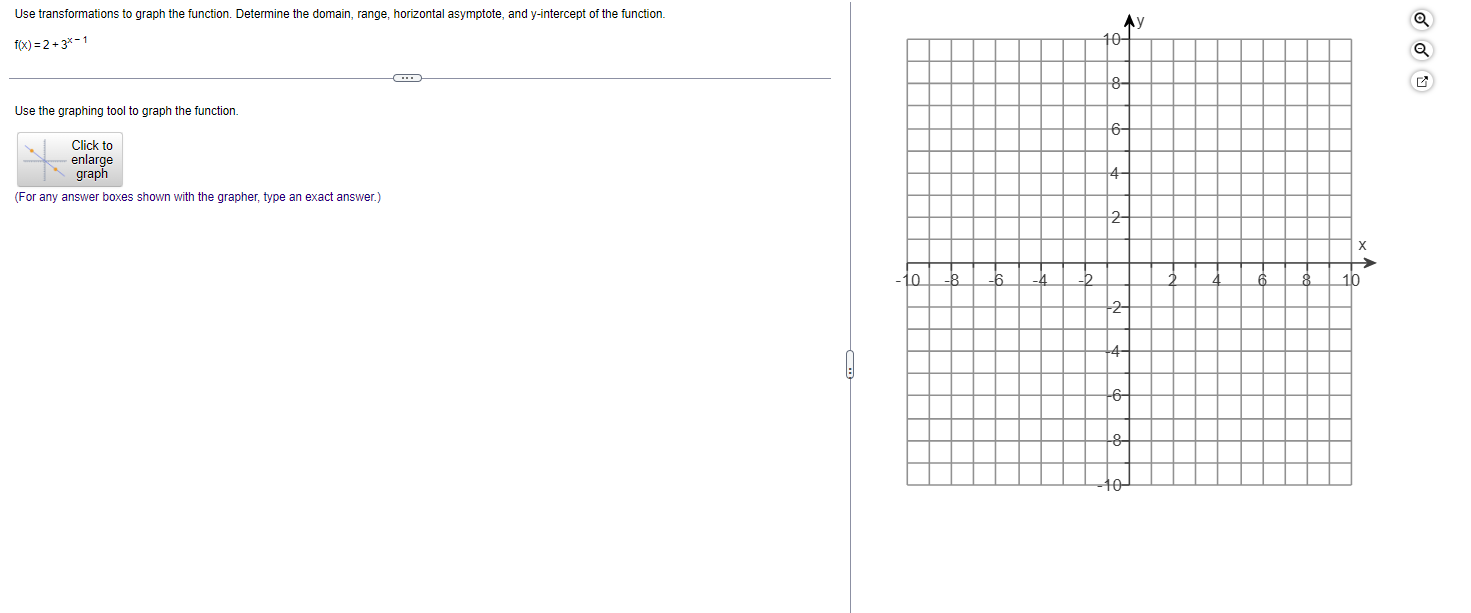 Use transformations to graph the function. Determine the domain, range, horizontal asymptote, and y-intercept of the function.
[
f(x)=2+3^x-1
]
Use the graphing tool to graph the function.
(For any answer boxes shown with the grapher, type an exact answer.)