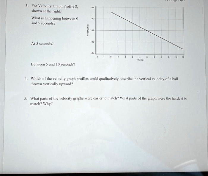 3. For Velocity Graph Profile 8,
shown at the right:
What is happening between 0
and 5 seconds?
At 5 seconds?
Between 5 and 10 seconds?
4. Which of the velocity graph profiles could qualitatively describe the vertical velocity of a ball
thrown vertically upward?
5. What parts of the velocity graphs were easier to match? What parts of the graph were the hardest to
match? Why?