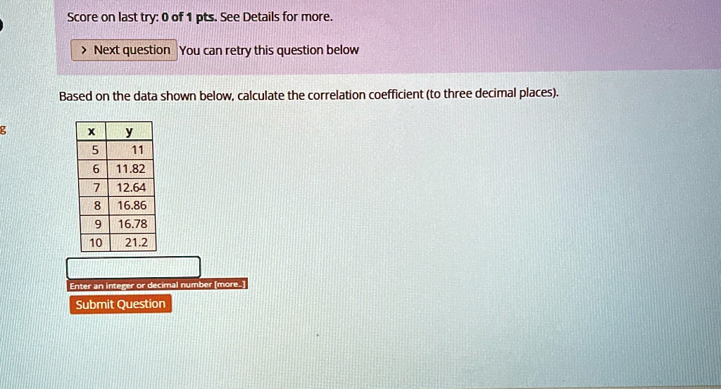 Score on last try: 0 of 1 pts. See Details for more.
> Next question You can retry this question below
Based on the data shown below, calculate the correlation coefficient (to three decimal places).
g
X
y
5
11
6
11.82
7
12.64
8
16.86
9
16.78
10
21.2
Enter an integer or decimal number [more...]
Submit Question