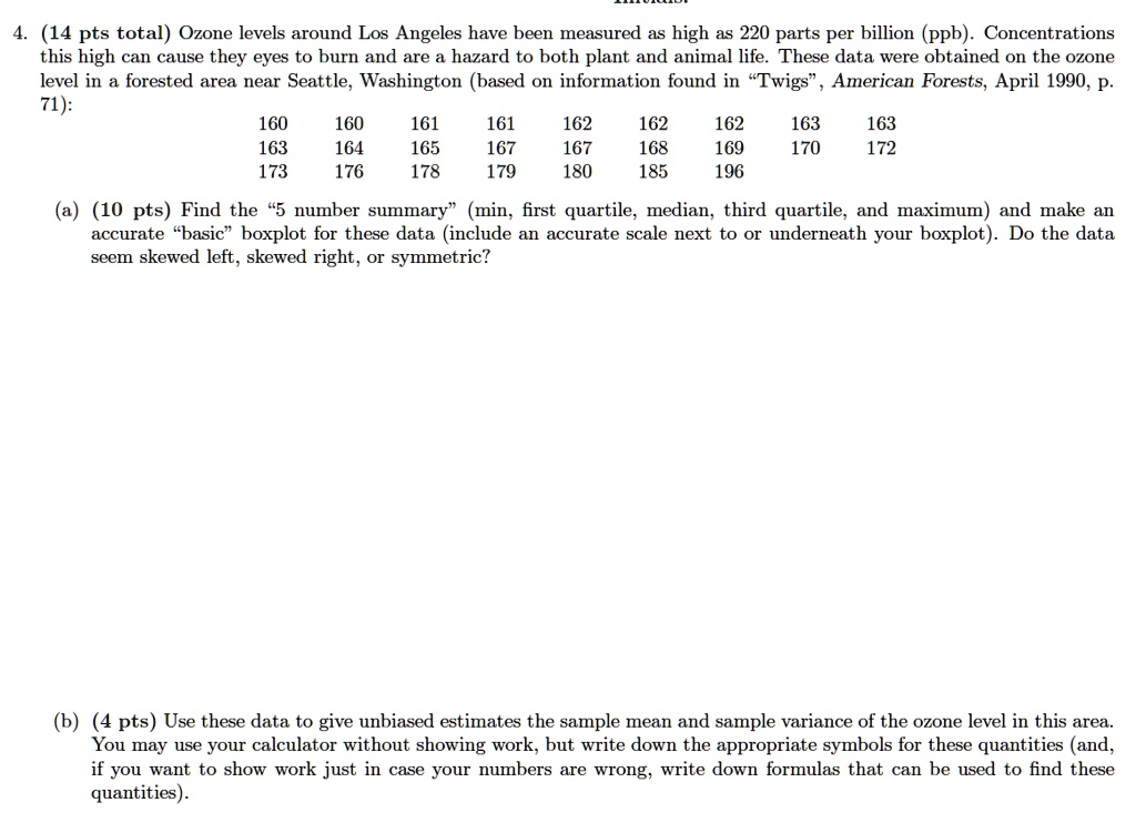4. (14 pts total) Ozone levels around Los Angeles have been measured as high as 220 parts per billion (ppb). Concentrations this high can cause they eyes to burn and are a hazard to both plant and animal life. These data were obtained on the ozone level in a forested area near Seattle, Washington (based on information found in "Twigs", American Forests, April 1990, p. 71):
160 160 161 161 162 162 162 163 163
163 164 165 167 167 168 169 170 172
173 176 178 179 180 185 196
(a) (10 pts) Find the "5 number summary" (min, first quartile, median, third quartile, and maximum) and make an accurate "basic" boxplot for these data (include an accurate scale next to or underneath your boxplot). Do the data seem skewed left, skewed right, or symmetric?
(b) (4 pts) Use these data to give unbiased estimates the sample mean and sample variance of the ozone level in this area. You may use your calculator without showing work, but write down the appropriate symbols for these quantities (and, if you want to show work just in case your numbers are wrong, write down formulas that can be used to find these quantities).