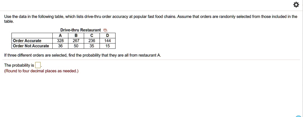 SOLVED:Use the data in the following table, which lists drive-thru ...