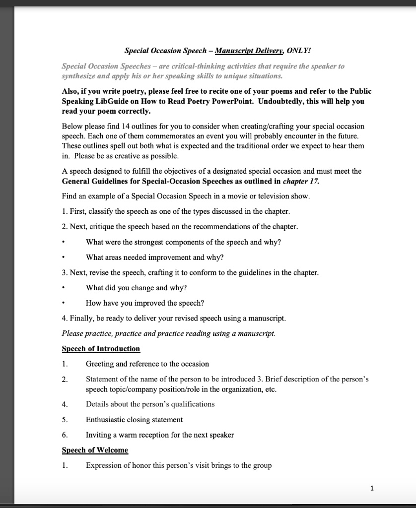 SOLVED Special Occasion Speech Manuscript Delivery, ONLY! Special