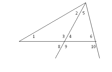 list all of the angles that we know exterior angle theorem are smaller than angle 10 including the implied angles ie 3 4 then also include 3 and 4