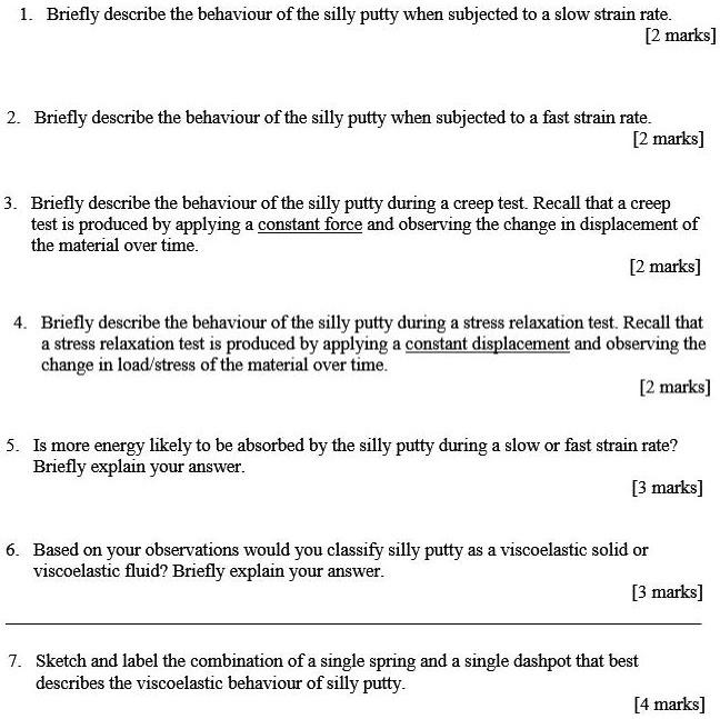 1. Briefly describe the behavior of the silly putty when subjected to a