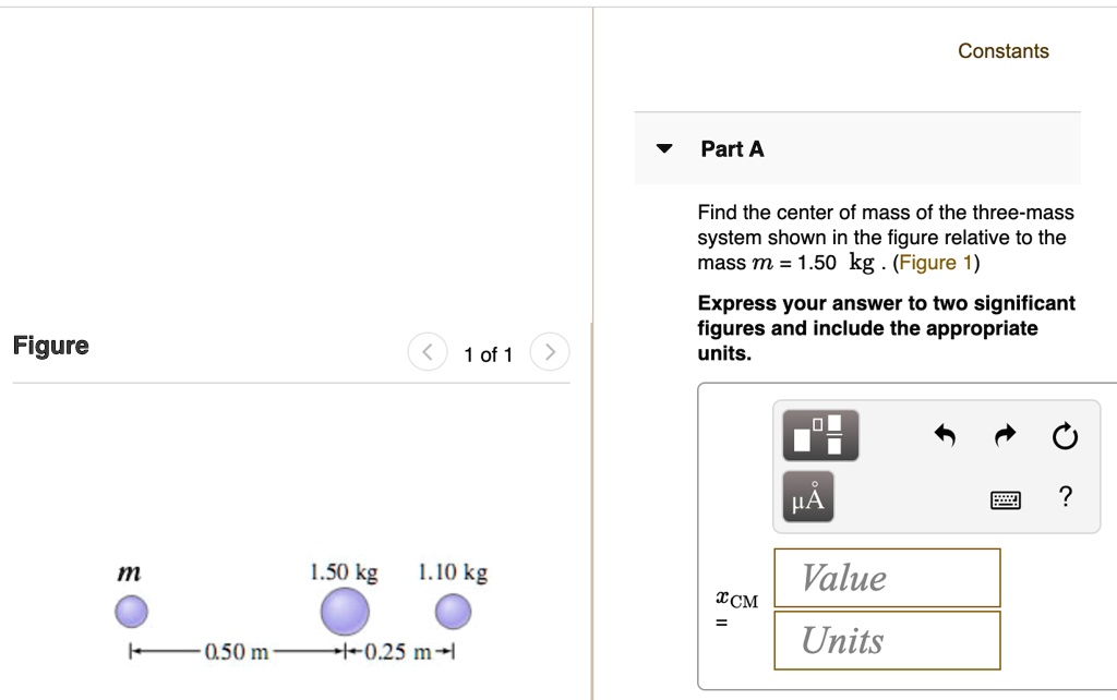Part A Find the center of mass of the three-mass system shown in the ...