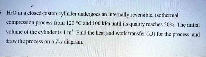 H2O in a closed-piston cylinder undergoes an internally reversible, isothermal compression process from 120 °C and 100 kPa until its quality reaches 50%. The initial volume of the cylinder is 1 m³. Find the heat and work transfer (kJ) for the process, and draw the process on a T-s diagram.