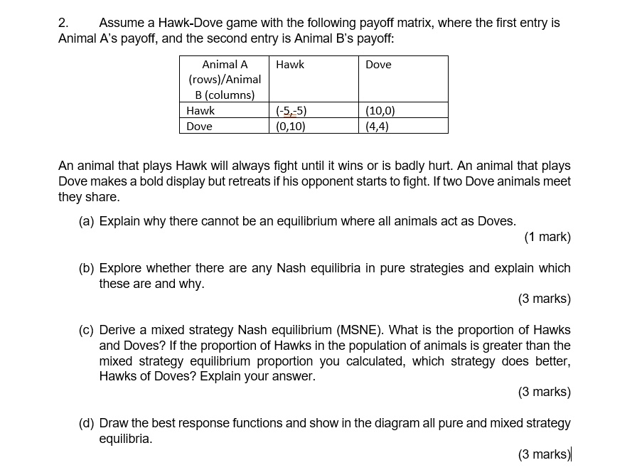 VIDEO solution: 2. Assume a Hawk-Dove game with the following payoff ...