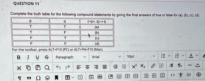 question 11 complete the truth table for the following compound ...