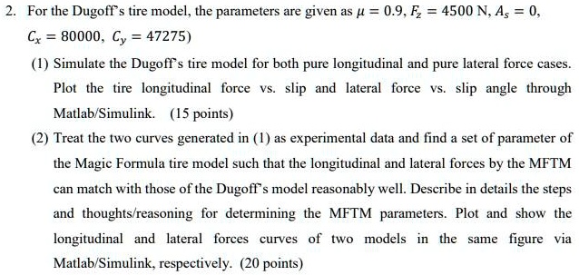 2. For the Dugoff's tire model, the parameters are given as μ = 0.9, Fz ...