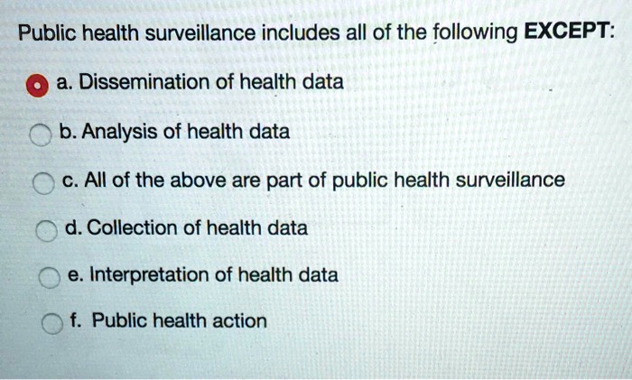 Public health surveillance includes all of the following EXCEPT:
a. Dissemination of health data
b. Analysis of health data
c. All of the above are part of public health surveillance
d. Collection of health data
e. Interpretation of health data
f. Public health action