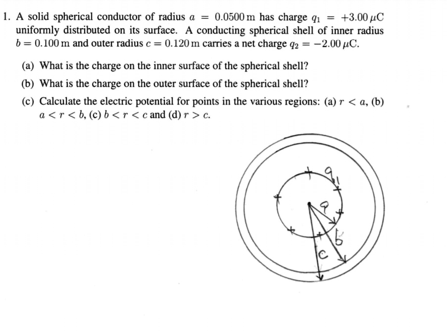 1. A solid spherical conductor of radius a = 0.0500 m has charge q1 = +3.00 ?C
uniformly distributed on its surface. A conducting spherical shell of inner radius
b = 0.100 m and outer radius c = 0.120 m carries a net charge q2 = -2.00 ?C.
(a) What is the charge on the inner surface of the spherical shell?
(b) What is the charge on the outer surface of the spherical shell?
(c) Calculate the electric potential for points in the various regions: (a) r < a, (b)
a < r < b, (c) b < r < c and (d) r > c.