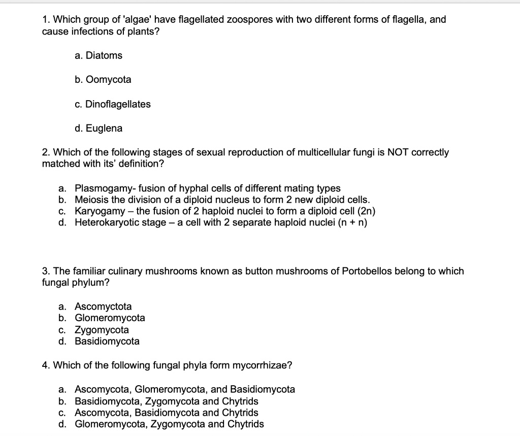 SOLVED: 1. Which group of 'algae' have flagellated zoospores with two  different forms of flagella, and cause infections of plants? a. Diatoms  Oomycota Dinoflagellates d. Euglena 2. Which of the following stages