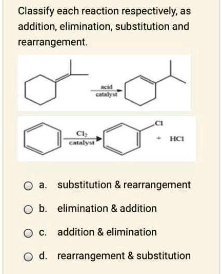 Classify each reaction respectively, as addition, elimination ...