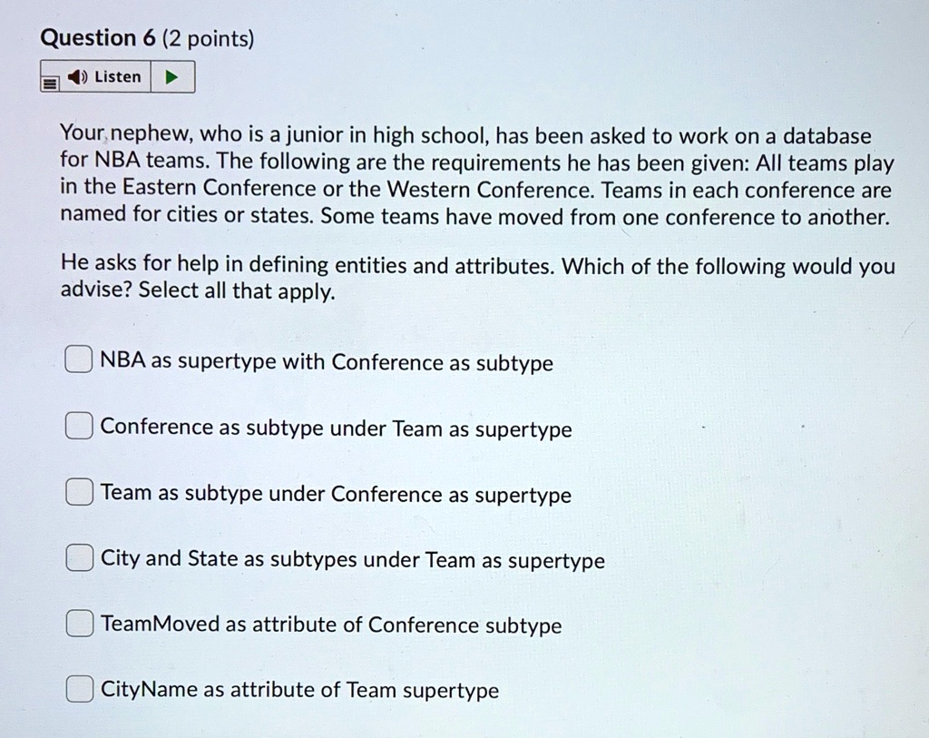 Your nephew, who is a junior in high school, has been asked to work on a database for NBA teams. The following are the requirements he has been given: All teams play in the Eastern Conference or the Western Conference. Teams in each conference are named for cities or states. Some teams have moved from one conference to another.

He asks for help in defining entities and attributes. Which of the following would you advise? Select all that apply.

NBA as supertype with Conference as subtype
Conference as subtype under Team as supertype
Team as subtype under Conference as supertype
City and State as subtypes under Team as supertype
TeamMoved as attribute of Conference subtype
CityName as attribute of Team supertype