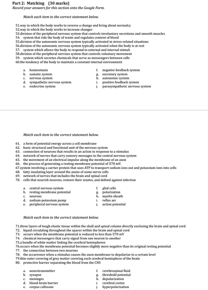Part 2: Matching (30 marks)
Record your answers for this section onto the Google Form.

Match each item to the correct statement below.

51.way in which the body works to reverse a change and bring about normalcy
52.way in which the body works to increase changes
53.division of the peripheral nervous system that controls involuntary secretions and smooth muscles
54. system that rids the body of waste and regulates content of blood
55.division of the autonomic nervous system typically activated in stress-related situations
56.division of the autonomic nervous system typically activated when the body is at rest
57. system which allows the body to respond to external and internal stimuli
58.division of the peripheral nervous system that controls voluntary movement
59. system which secretes chemicals that serve as messengers between cells
60.the tendency of the body to maintain a constant internal environment

a. homeostasis
b. somatic system
c. nervous system
d. sympathetic nervous system
e. endocrine system
f. negative feedback system
g. excretory system
h. autonomic system
i. positive feedback system
j. parasympathetic nervous system

Match each item to the correct statement below.

61. a form of potential energy across a cell membrane
62. basic structural and functional unit of the nervous system
63. connection of neurons that results in an action in response to a stimulus
64. network of nerves that carry sensory messages to the central nervous system
65. the movement of an electrical impulse along the membrane of an axon
66. the process of generating a resting membrane potential of -70 mV.
67.system involving a carrier protein that uses ATP to transport sodium ions out and potassium ions into cells
68. fatty insulating layer around the axons of some nerve cells
69. network of nerves that includes the brain and spinal cord
70. cells that nourish neurons, remove their wastes, and defend against infection

a. central nervous system
b. resting membrane potential
c. neurons
d. sodium-potassium pump
e. peripheral nervous system
f. glial cells
g. polarization
h. myelin sheath
i. reflex arc
j. action potential

Match each item to the correct statement below.

71.three layers of tough elastic tissue within the skull and spinal column directly enclosing the brain and spinal cord
72. liquid circulating throughout the spaces within the brain and spinal cord
73. occurs when the membrane potential is reduced to less than -70 mV
74. chemical messengers that carry signal from one neuron to another
75.a bundle of white matter linking the cerebral hemispheres
76.occurs when the membrane potential becomes slightly more negative than its original resting potential
77. the connection between two neurons
78. the occurrence when a stimulus causes the axon membrane to depolarize to a certain level
79.thin outer covering of grey matter covering each cerebral hemisphere of the brain
80. protective barrier separating the blood from the CNS

a. neurotransmitter
b. synapse
c. meninges
d. blood-brain barrier
e. corpus callosum
f. cerebrospinal fluid
g. threshold potential
h. depolarization
i. cerebral cortex
j. hyperpolarization