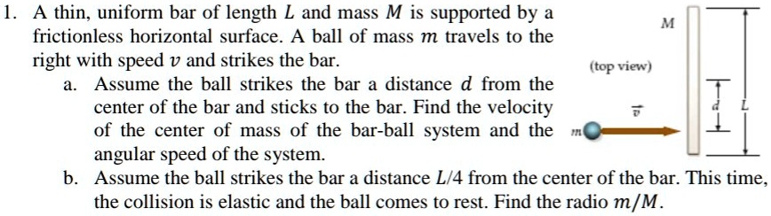 SOLVED: A thin, uniform bar of length L and mass M is supported by a ...