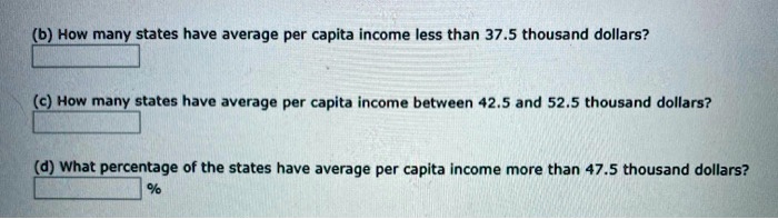 (b) How many states have average per capita income less than 37.5 thousand dollars?

(c) How many states have average per capita income between 42.5 and 52.5 thousand dollars?

(d) What percentage of the states have average per capita income more than 47.5 thousand dollars?
%
