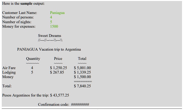 Customer Last Name: Paniagua
Number of persons: 4
Number of nights: 5
Money for expenses: 1500

Sweet Dreams
//—//   ­–
PANIAGUA Vacation trip to Argentina

Quantity Price Total
Air Fare 4 1,250.25 5,001.00
Lodging 5 267.85 1,339.25
Money 1,500.00
==========
Total: 7,840.25

Pesos Argentinos for the trip: 43,577.25

Confirmation code: #########